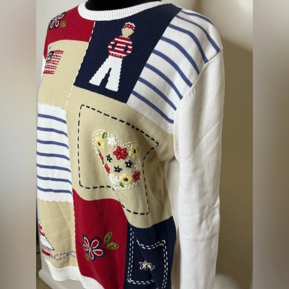Alfred Dunner preppy Americana patriotic sweater 4th of July cotton size Med